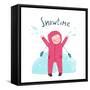 Cute Child Girl in Winter Clothes Playing with Snow Colorful Childish Cartoon. Happy Kid in Mittens-Popmarleo-Framed Stretched Canvas