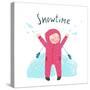 Cute Child Girl in Winter Clothes Playing with Snow Colorful Childish Cartoon. Happy Kid in Mittens-Popmarleo-Stretched Canvas