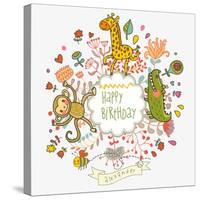 Cute Childish Card with Crocodile, Monkey and Giraffe in Vector. Happy Birthday Invitation Backgrou-smilewithjul-Stretched Canvas