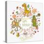 Cute Childish Card with Crocodile, Monkey and Giraffe in Vector. Happy Birthday Invitation Backgrou-smilewithjul-Stretched Canvas