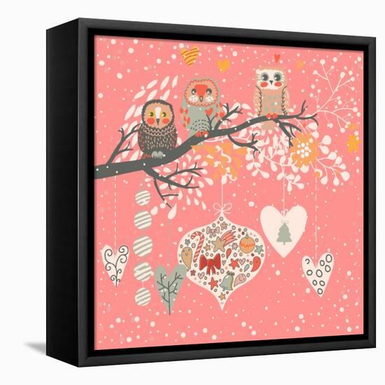Cute Christmas Background with Funny Owls on the Branch and Balls. Happy New Year with Tree, Candy,-smilewithjul-Framed Stretched Canvas