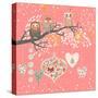 Cute Christmas Background with Funny Owls on the Branch and Balls. Happy New Year with Tree, Candy,-smilewithjul-Stretched Canvas
