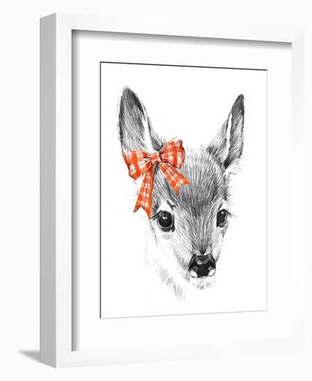 Cute Deer. Pencil Sketch of Fawn. Animal Illustration. T-Shirt Design.-Faenkova Elena-Framed Art Print