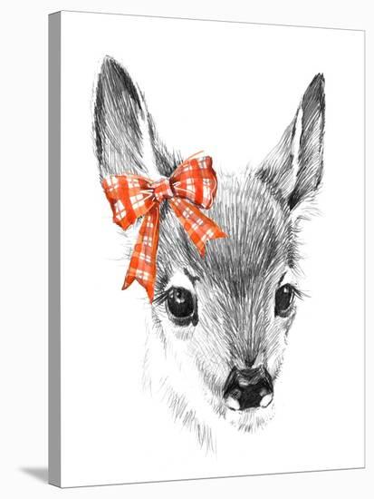 Cute Deer. Pencil Sketch of Fawn. Animal Illustration. T-Shirt Design.-Faenkova Elena-Stretched Canvas