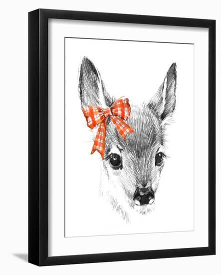 Cute Deer. Pencil Sketch of Fawn. Animal Illustration. T-Shirt Design.-Faenkova Elena-Framed Art Print