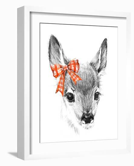 Cute Deer. Pencil Sketch of Fawn. Animal Illustration. T-Shirt Design.-Faenkova Elena-Framed Art Print