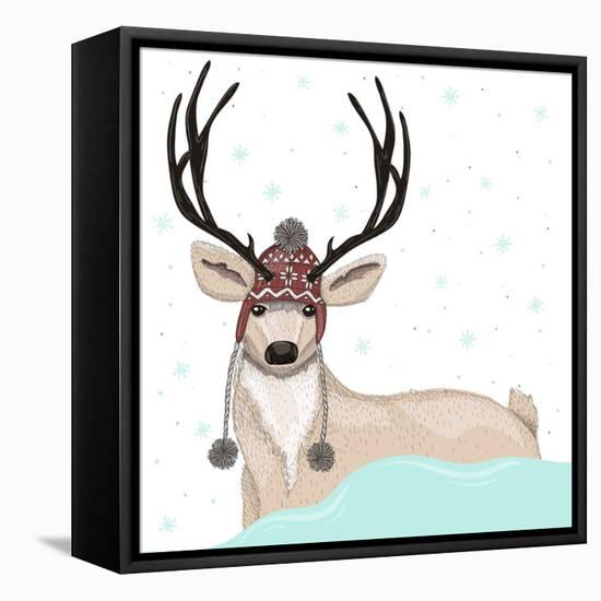 Cute Deer With Hat Winter Background-cherry blossom girl-Framed Stretched Canvas