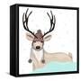 Cute Deer With Hat Winter Background-cherry blossom girl-Framed Stretched Canvas