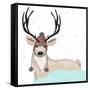 Cute Deer With Hat Winter Background-cherry blossom girl-Framed Stretched Canvas