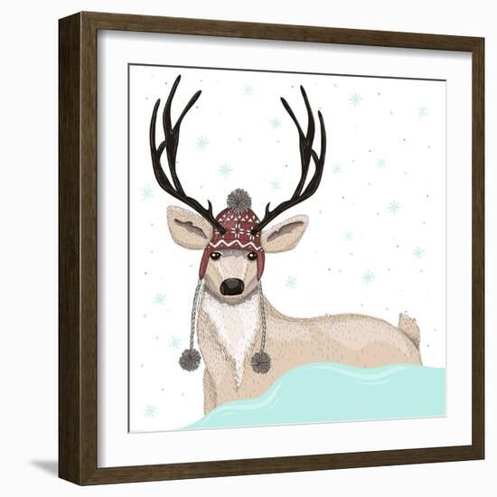 Cute Deer With Hat Winter Background-cherry blossom girl-Framed Premium Giclee Print