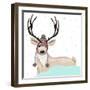 Cute Deer With Hat Winter Background-cherry blossom girl-Framed Premium Giclee Print