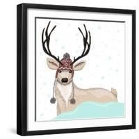 Cute Deer With Hat Winter Background-cherry blossom girl-Framed Premium Giclee Print