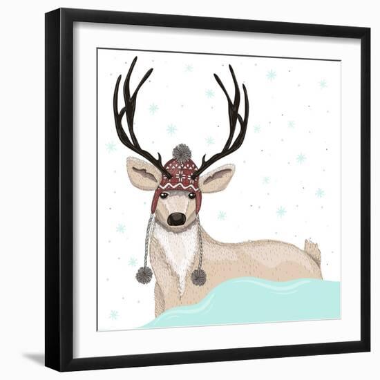 Cute Deer With Hat Winter Background-cherry blossom girl-Framed Premium Giclee Print