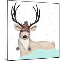 Cute Deer With Hat Winter Background-cherry blossom girl-Mounted Premium Giclee Print