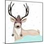 Cute Deer With Hat Winter Background-cherry blossom girl-Mounted Premium Giclee Print