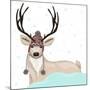 Cute Deer With Hat Winter Background-cherry blossom girl-Mounted Premium Giclee Print