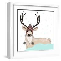 Cute Deer With Hat Winter Background-cherry blossom girl-Framed Art Print