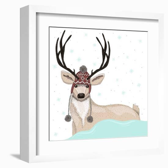 Cute Deer With Hat Winter Background-cherry blossom girl-Framed Art Print