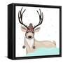 Cute Deer With Hat Winter Background-cherry blossom girl-Framed Stretched Canvas