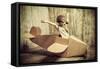 Cute Dreamer Boy Playing with a Cardboard Airplane. Childhood. Fantasy, Imagination. Retro Style.-prometeus-Framed Stretched Canvas