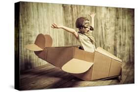 Cute Dreamer Boy Playing with a Cardboard Airplane. Childhood. Fantasy, Imagination. Retro Style.-prometeus-Stretched Canvas