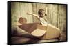 Cute Dreamer Boy Playing with a Cardboard Airplane. Childhood. Fantasy, Imagination. Retro Style.-prometeus-Framed Stretched Canvas