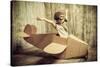 Cute Dreamer Boy Playing with a Cardboard Airplane. Childhood. Fantasy, Imagination. Retro Style.-prometeus-Stretched Canvas