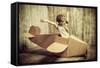 Cute Dreamer Boy Playing with a Cardboard Airplane. Childhood. Fantasy, Imagination. Retro Style.-prometeus-Framed Stretched Canvas