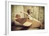 Cute Dreamer Boy Playing with a Cardboard Airplane. Childhood. Fantasy, Imagination. Retro Style.-prometeus-Framed Photographic Print