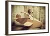 Cute Dreamer Boy Playing with a Cardboard Airplane. Childhood. Fantasy, Imagination. Retro Style.-prometeus-Framed Photographic Print