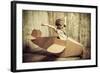 Cute Dreamer Boy Playing with a Cardboard Airplane. Childhood. Fantasy, Imagination. Retro Style.-prometeus-Framed Photographic Print