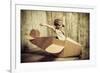 Cute Dreamer Boy Playing with a Cardboard Airplane. Childhood. Fantasy, Imagination. Retro Style.-prometeus-Framed Photographic Print