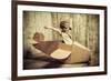 Cute Dreamer Boy Playing with a Cardboard Airplane. Childhood. Fantasy, Imagination. Retro Style.-prometeus-Framed Photographic Print