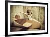 Cute Dreamer Boy Playing with a Cardboard Airplane. Childhood. Fantasy, Imagination. Retro Style.-prometeus-Framed Photographic Print