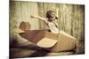 Cute Dreamer Boy Playing with a Cardboard Airplane. Childhood. Fantasy, Imagination. Retro Style.-prometeus-Mounted Photographic Print