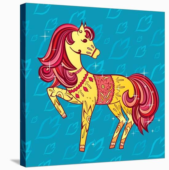 Cute Fairy Tale Pony Character in Sketch Style on Blue for Children and Baby Design-Anna Komissarenko-Stretched Canvas