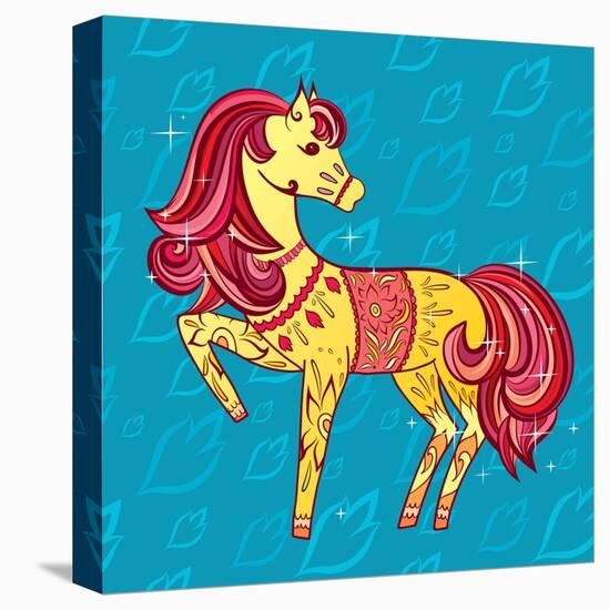 Cute Fairy Tale Pony Character in Sketch Style on Blue for Children and Baby Design-Anna Komissarenko-Stretched Canvas