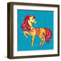 Cute Fairy Tale Pony Character in Sketch Style on Blue for Children and Baby Design-Anna Komissarenko-Framed Art Print