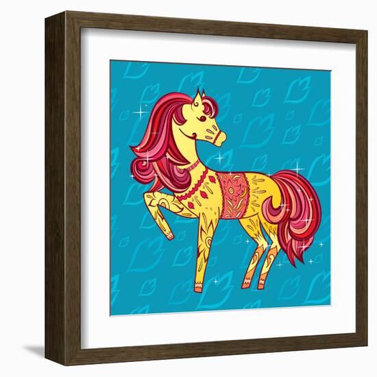 Cute Fairy Tale Pony Character in Sketch Style on Blue for Children and Baby Design-Anna Komissarenko-Framed Art Print