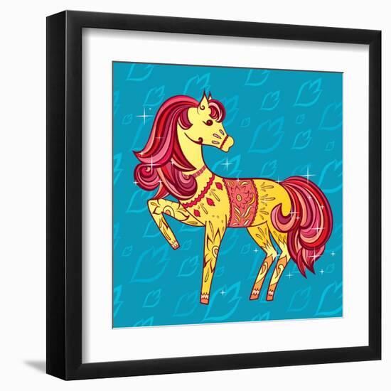 Cute Fairy Tale Pony Character in Sketch Style on Blue for Children and Baby Design-Anna Komissarenko-Framed Art Print