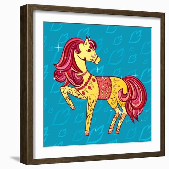 Cute Fairy Tale Pony Character in Sketch Style on Blue for Children and Baby Design-Anna Komissarenko-Framed Art Print