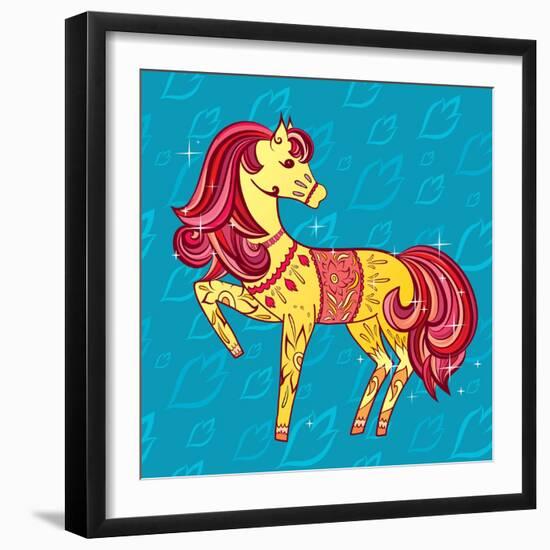 Cute Fairy Tale Pony Character in Sketch Style on Blue for Children and Baby Design-Anna Komissarenko-Framed Art Print