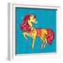 Cute Fairy Tale Pony Character in Sketch Style on Blue for Children and Baby Design-Anna Komissarenko-Framed Art Print