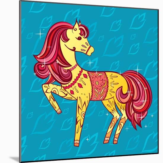 Cute Fairy Tale Pony Character in Sketch Style on Blue for Children and Baby Design-Anna Komissarenko-Mounted Art Print