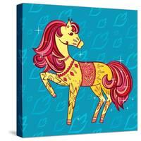 Cute Fairy Tale Pony Character in Sketch Style on Blue for Children and Baby Design-Anna Komissarenko-Stretched Canvas