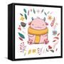 Cute Fluffy Monster with Horns. Romantic Autumn Card Template. Funny Vector Kids Illustration. Cute-Maria Sem-Framed Stretched Canvas