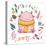 Cute Fluffy Monster with Horns. Romantic Autumn Card Template. Funny Vector Kids Illustration. Cute-Maria Sem-Stretched Canvas