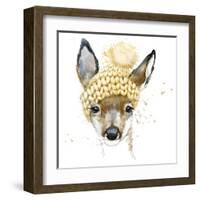 Cute Forest Deer T-Shirt Graphics, Watercolor Deer Illustration with Splash Watercolor Textured Bac-Faenkova Elena-Framed Art Print