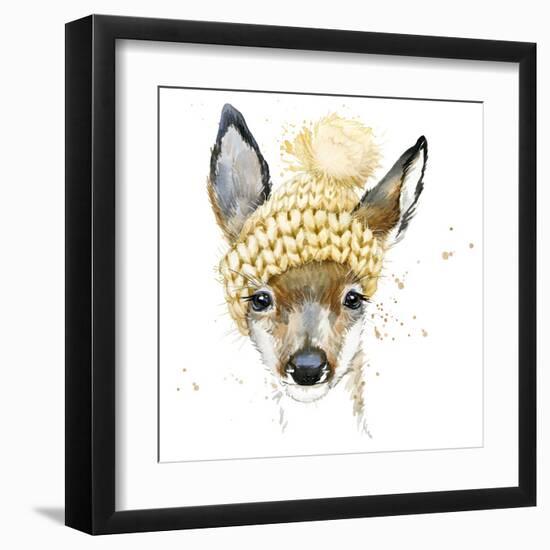 Cute Forest Deer T-Shirt Graphics, Watercolor Deer Illustration with Splash Watercolor Textured Bac-Faenkova Elena-Framed Art Print