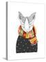 Cute Fox in Scarf. Vector Watercolor Animal Portrait. Autumn Theme and Colors. Ornate Wild Animal.-Maria Sem-Stretched Canvas
